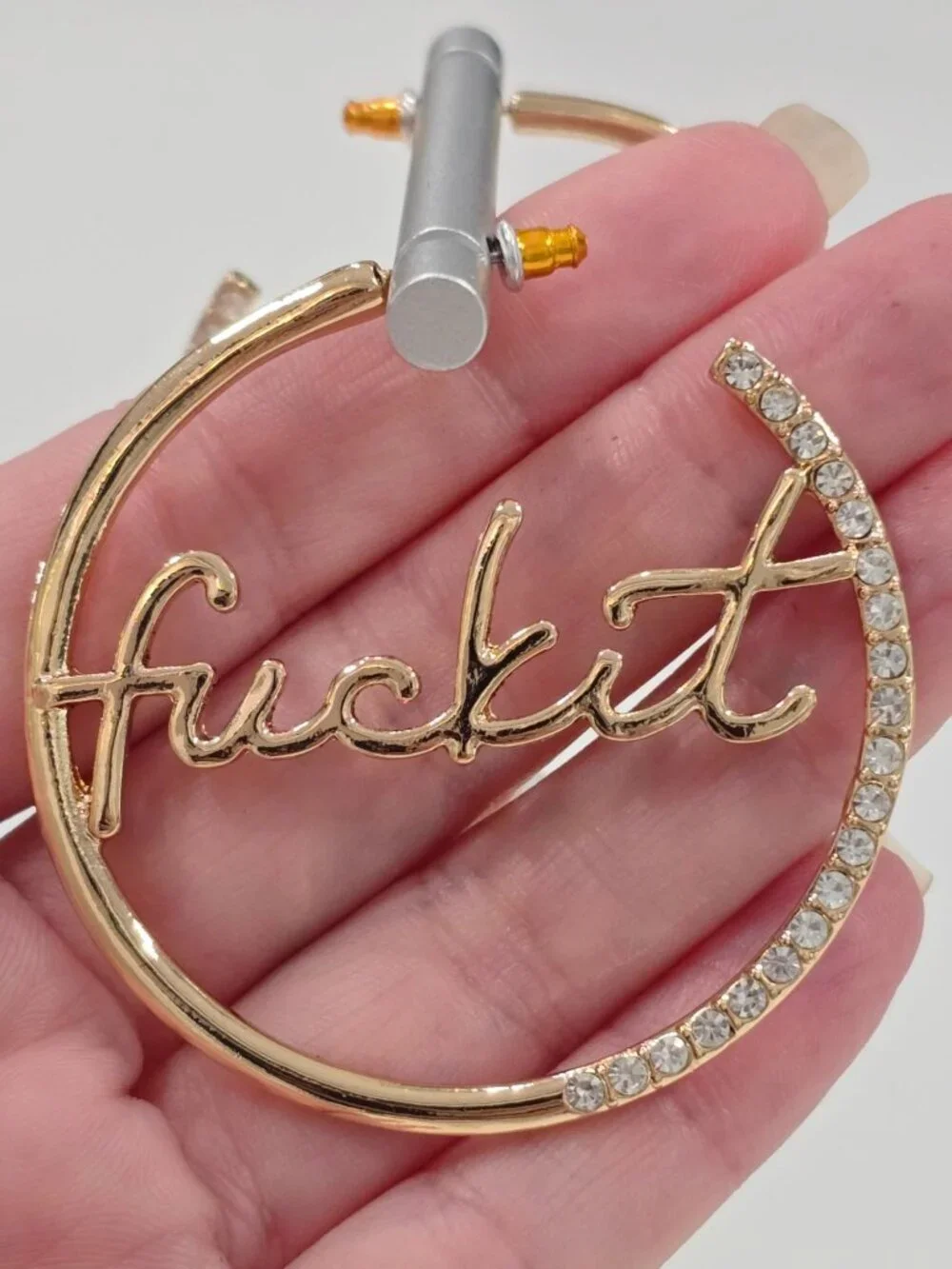 Fashion Nova ✦ Gold “Fu*k It” Hoop Earrings ✦ Rhinestone Script Oversized Bold